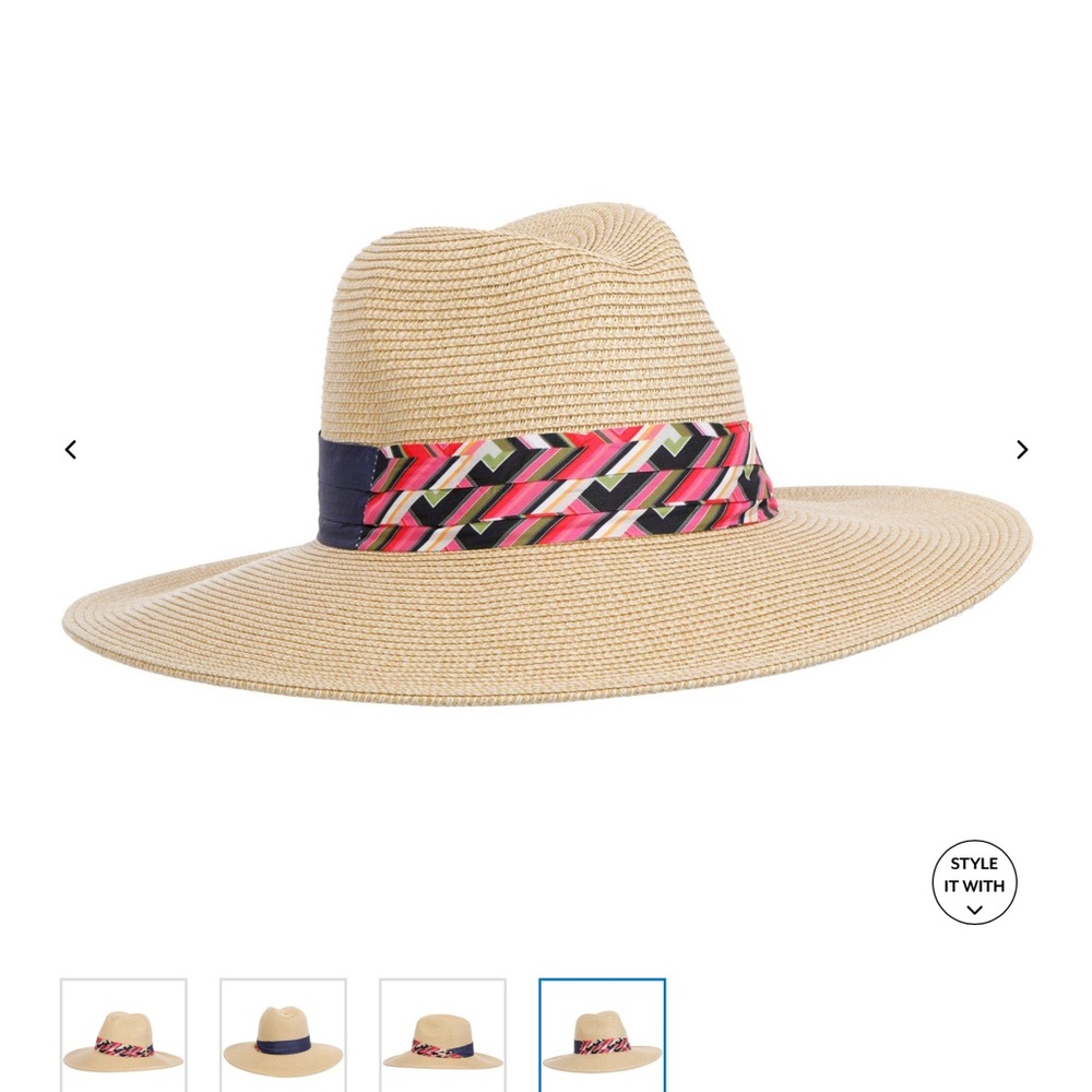 Trina Turk Azure Wide Brim Straw Adjustable Fedora with Pink Patterned Band NWT - Picture 3 of 9